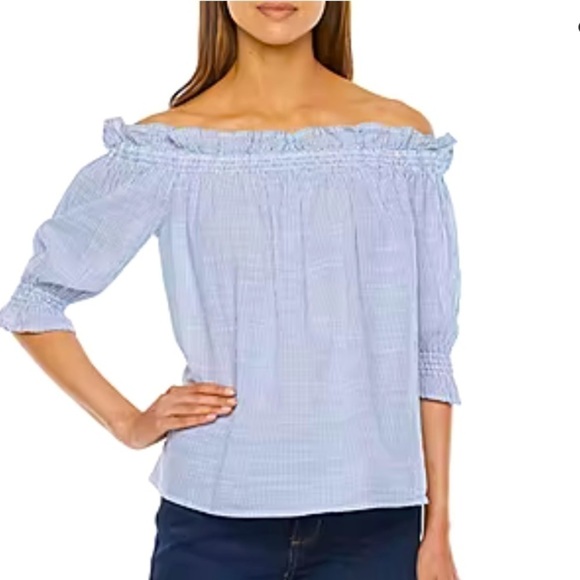 NWT St. John’s Bay Blue & White Stripe Ruffled Off the Shoulder Blouse Size S - Picture 1 of 12
